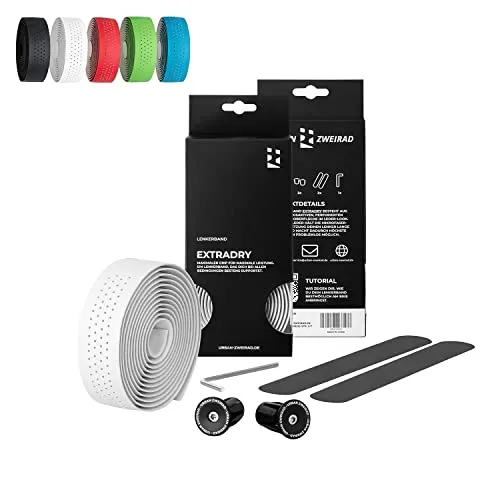 URBAN ZWEIRAD Premium Extra Dry - Fahrrad Lenkerband Rennrad weiß - Griffband selbstklebend inkl. Alu Lenkerstopfen - Gravel, Rennrad Lenkerband