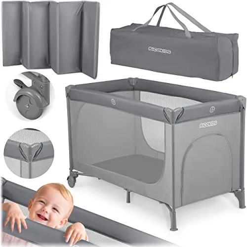Ricokids Reisebett Baby Mit Matratze 125 x 65 x 78 cm Kinderreisebett Babybett Bis 15 kg 2 Räder Mit Bremsen Abnehmbarer Seiteneingang Transporttasche Faltbar Kompakt Hellgrau Minze