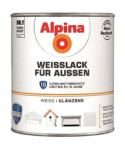 Alpina Weißlack für Außen 2 Liter glänzend - Hochwertiger Außenlack für Holz und Metall, glänzende Oberfläche und langlebiger Schutz für Ihre Projekte.