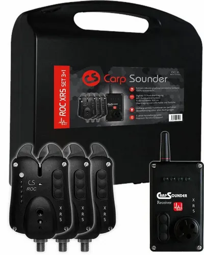 Carp Sounder ROC XRS ACC Bissanzeiger-Set 3+1 - Bissanzeiger-Set für Karpfenangler mit 3 Funkbissanzeigern und 1 Receiver. Wetterfest, langlebig und mit individuellen Einstellmöglichkeiten für Ton und LED-Farbe.