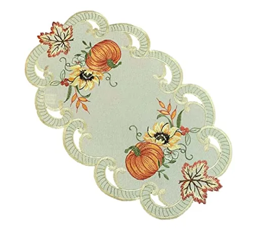 Tischläufer Tischdecke Mitteldecke Tischband Herbstdecke gestickt Kürbis Sonnenblume Herbstblätter Creme Polyester (22x37)