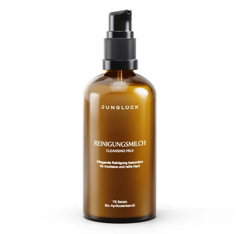 JUNGLÜCK Gesichtsreinigungsgel Reinigungsmilch mit Bio Mandel & Aloe Vera - Sanfte Reinigungsmilch für trockene und reife Haut. Entfernt Schmutz und Make-up, während sie die Haut mit hochwertigen Inhaltsstoffen pflegt. Ideal für die tägliche Anwendung.