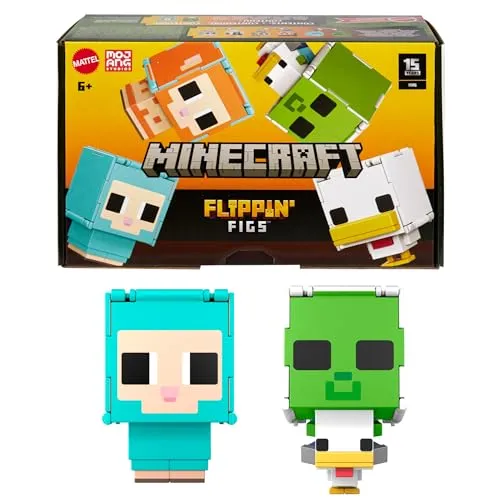 Mattel Minecraft Flippin’ Figs Schaf und Huhn 2er-Figurenpack mit 2-in-1-Spielfiguren, großen Köpfen und Pixeldesign HXK17