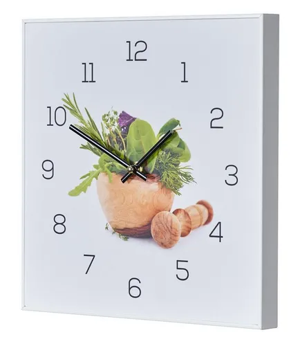 Levandeo® Wanduhr 30x30cm - Kräuter Gewürze Deko - Wanduhren mit weißem PVC-Rahmen, ideal für die Küche und ein Hingucker mit Kräuter- und Gewürzmotiven.