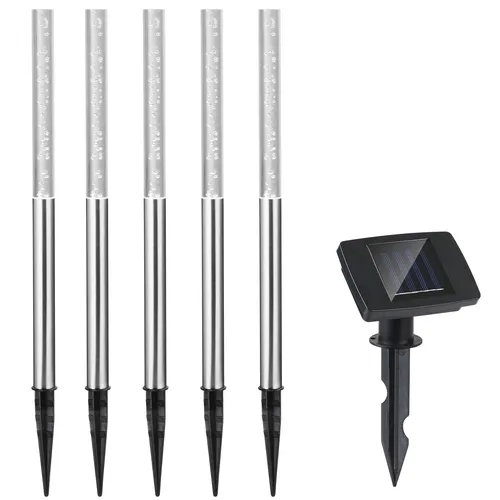 DeubaXXL DE LED Solar Steckleuchte 5er-Set Weiß 104179 - Setze Akzente in deinem Garten! Mit diesen modernen LED-Solarlampen aus Edelstahl und Kunststoff genießt du bis zu 8 Stunden Licht. Ideal für den Außenbereich und spritzwassergeschützt.