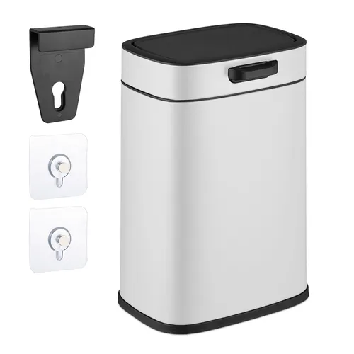 relaxdays Hängender Küchenmülleimer 5 l, weiß - Praktischer Wandmülleimer für hygienische Abfallentsorgung in Küche oder Bad, platzsparend und mit einfachem Push-Knopf zum Öffnen.