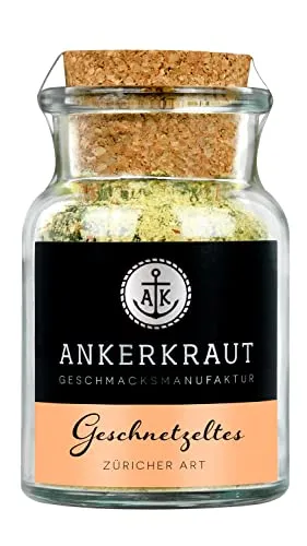 Ankerkraut Geschnetzeltes Züricher Art, mit Reis, Spätzle oder Rösti servieren, Gewürz für Fleisch mit Pfeffer, Zwiebel und Champignons, 100 g im Korkenglas