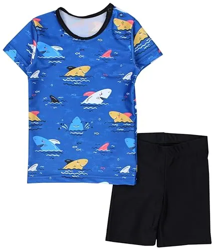 Aquarti Baby Jungen Bade-Set Zweiteiliger Kinder Badeanzug T-Shirt Badehose UV-Schutz, Farbe: Haie Orange Schwarz Blau Dunkelblau, Größe: 110