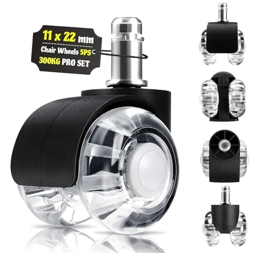 LUZOON Bürostuhl Rollen 5er Set, 11x22mm Rollen für Bürostühle, 360 Grad Drehung ohne Kratzer, Schreibtischstuhl Rollen für Teppich, Parkettböden, Hartböden und Fliesen (PASST NICHT für 1KEA Stühle)