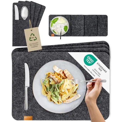MIQIO Tischset aus Filz - 12er Tisch Untersetzer-Set - Filz Tischset abwaschbar - 4 Platzsets, Glasuntersetzer, Bestecktaschen | dunkelgrau | Filzuntersetzer eckig - Platzdeckchen für Weihnachten
