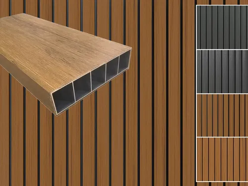 Fassadenverkleidung WPC co-extrudiert Teak Sonnenschutzprofil - WPC-Fassadenprofil für den Außenbereich, robust und wetterbeständig. Ideal für kreative Gestaltung mit einer Breite von 12 cm und einer Länge von 300 cm. Schützen Sie Ihre Fassade stilvoll!