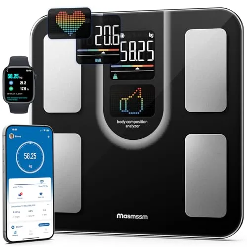Masmssm Personenwaage Körperfettwaage, Körperwaage Bluetooth Körperanalysewaage mit VA-Display, 22 Körperwerte, Herzfrequenz, BMI, Körperfett & Muskelmasse, kompatibel mit iOS/Android, Max. 180 kg