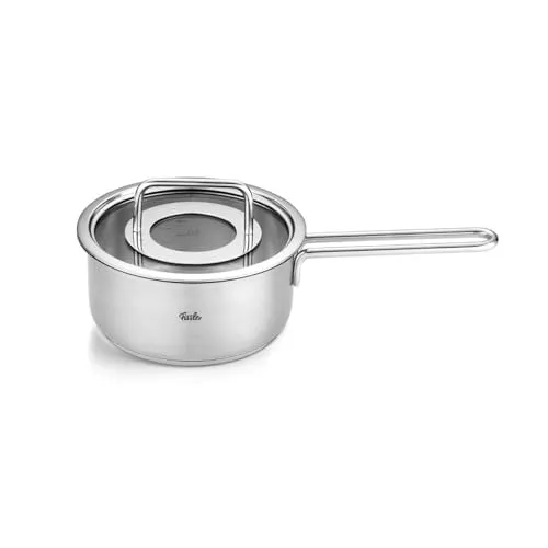 Fissler Pure Collection Edelstahl-Stielkasserolle 16 cm - Pfannen, 1,4L Volumen mit praktischer Innenskalierung und Glas-Deckel, ideal für alle Herdarten inklusive Induktion – für nachhaltigen Kochgenuss MADE IN GERMANY.
