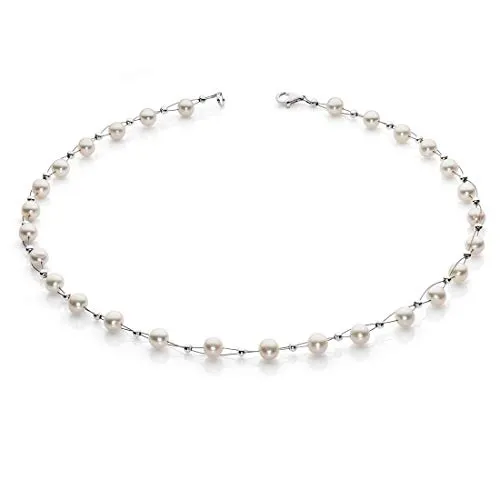 Echte Perlenkette Collier für Damen - Hochwertiger Brautschmuck - Elegantes Collier aus echten Süßwasserperlen für besondere Anlässe. Handgefertigt, leicht und reißfest auf Edelstahlseide. Gesamtlänge 48 cm, mit stabilen 925 Silber Karabinerverschluss. Ideal für Hochzeiten und festliche Events.