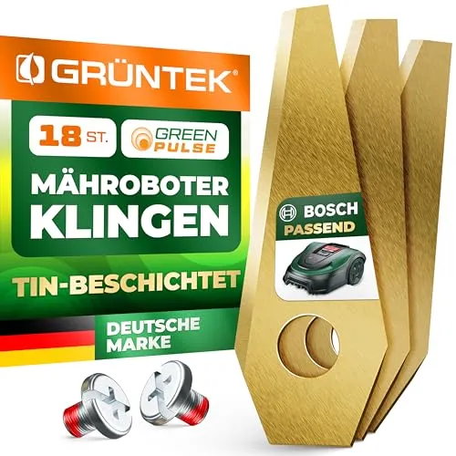 GRÜNTEK Mähroboter Klingen 18x kompatibel mit BOSCH – Ersatzmesser Edelstahl TiN beschichtet | Rasenroboter Messer inkl. Schrauben | Rostfrei & Langlebig für gesunden Rasen