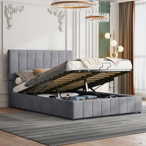 Polsterbett 140x200 cm mit Lattenrost und Bettkasten - Höhenverstellbares Kopfteil in Grau - Praktisches Stauraumbett mit Gasdruckfedern und stabiler Bauweise. Der gepolsterte Kopfteil ist höhenverstellbar und passt sich ideal an Ihre Bedürfnisse an. Modernes Design für jeden Raum.