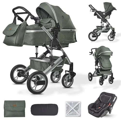 BRONEA EXQUISE 2.0 Kinderwagen 3-in-1 Komplettset Inkl. Auto-Babyschale & Matratze für Babywanne | Buggy, Zusammenklappbar, Wickeltasche, Regenschutz, Mücken- & Sonnenschutz (Silber-Dusty Green)