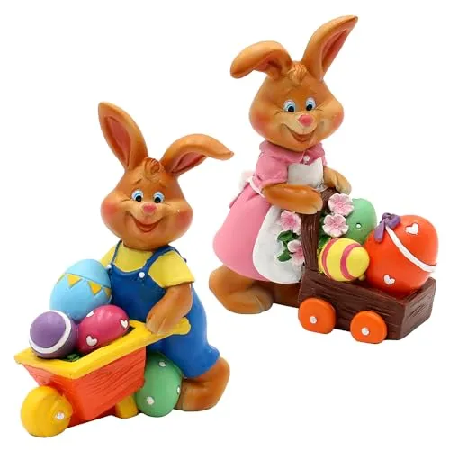 2er Set Dekohasen, Osterhase, Osterdeko, Keramikhasen, Osterfigur, Tischdeko Ostern, Porzellanhasen, Osterhasendeko, Hasenfiguren mit Schubkarre bunt, Lieferumfang: 2 Stück, L/B/H 6,5 x 3,5 x 9 cm.