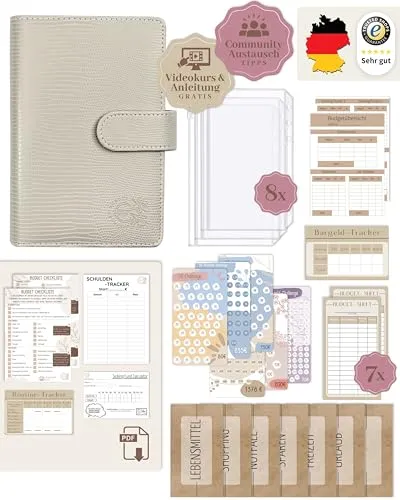 BeginnerBudget® Budget Planner Deutsch - Sparen leicht gemacht mit Umschlagmethode - Effizienter Budgetplaner im A6-Format mit Anleitung zur Sparchallenge. Ideal für die übersichtliche Finanzplanung und das gezielte Sparen. Perfekt für den täglichen Einsatz! Der praktische Ringbuch-Binder im Gecko-Style (Grau) sorgt für Ordnung und Flexibilität.