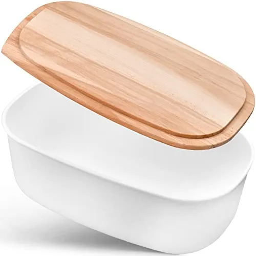 HRB Großer Brotkasten in weiß Brotbox Deckel aus Buchenholz, Brotdose mit idealer Größe Aufbewahrungsbox für Brot, Brotbehälter lange Aufbewahrung