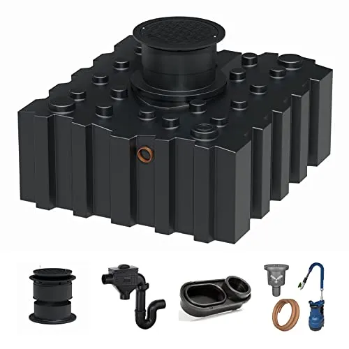 Zisterne Flachtank 3000 Liter Komfort II inkl. Ausgleichsdom, Deckel, Regenwasserfilter mit Siphon, beruhigtem Zulauf und Regenwasserpumpen-Set - Regenwasserbehälter bzw. Regenwassertank unterirdisch
