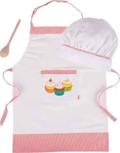 Goki 51678 Kochset - Farbenfrohes Kochset aus Baumwolle und Holz mit Schürze, Kochmütze und Holzlöffel – ideal für kreative Spielküchen und fantasievolles Spielen.