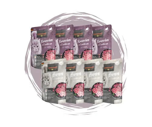 Leonardo Catfood Leonardo Frischebeutel Bundle - 8x85g verschiedene Sorten im Mixpaket 4x Kaninchen & Cranberries und 4x Lamm & Cranberries, Nassfutter für: Katzen