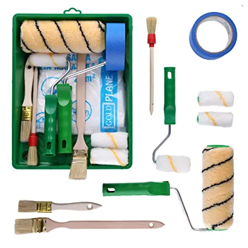 ToolSpace Malerset 2x Farbrollenset +3x Malerpinsel + Malerband + Farbwanne + Abdeckfolie farbroller/malerrolle/farbwalze, pinselrolle, Malerzubehör streichen zubehör für farben Painter set