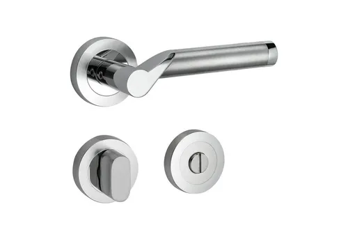 Türbeschläge24 Drückergarnitur Lightning - Türgriffe in Schraubrosettenoptik, festdrehbar gelagert und in Bicolor Chrom/Edelstahl matt für eleganten Stil und Langlebigkeit.