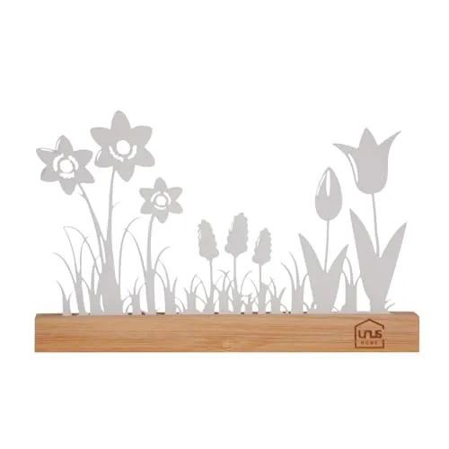 UNUS Aufsteller Frühlings-Dekoration aus Bambus & Metall, Blumenwiese mit Tulpen & Narzissen, Filigrane Tisch- und Fensterbank-Deko,Nachhaltig, Weiß