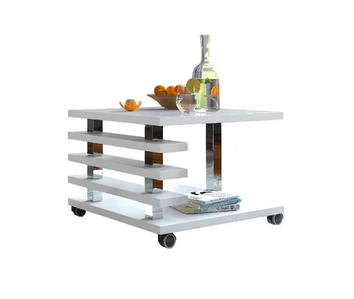 Design Couchtisch DC-2 Weiß Hochglanz mit Rollen - Beistelltisch fürs Wohnzimmer, modern und platzsparend mit praktischen Rollen für einfache Mobilität und zusätzlichen Stauraum für Bücher und Dekoration.