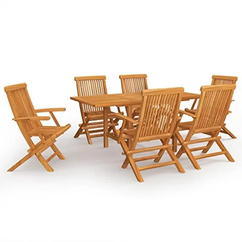 vidaXL Teak Massiv Gartenmöbel Set 7-TLG. - Langlebig und Witterungsbeständig - Esssets für die Terrasse: Hochwertige Teakholz-Gartengarnitur, ideal für Garten und Terrasse, bietet außergewöhnliche Festigkeit und ein elegantes Design.