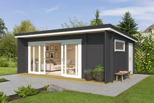 Gartenhaus Blockhaus Pultdach 44 mm Java grau 628x460 cm