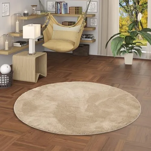 Pergamon Luxus Super Soft Hochflor Teppich Rund - Flauschig Weich in Silky Beige - Teppich für Wohnzimmer und Schlafzimmer, aus 100% Polyester, rutschfest und ideal für Fußbodenheizung - vereint Luxus, Stil und Komfort.