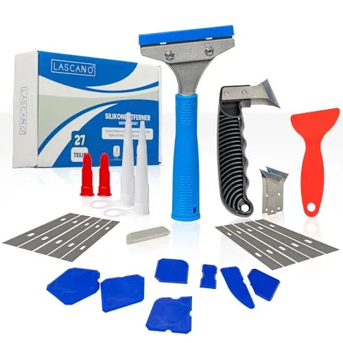 Lascano® Silikonentferner Set 27-teilig, Werkzeug zur Entfernung von Silikonfugen – Inkl. Spezialschaber, Fugenmesser, Fugenglätter, Ersatzklingen & Zubehör