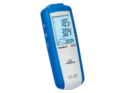 PeakTech 5135 Digital Thermometer -200 bis +1372°C - Digitales Laborthermometer mit einem Messbereich von -200°C bis +1372°C, inklusive Thermoelemente für präzise Messungen und multifunktionalem LCD-Display.