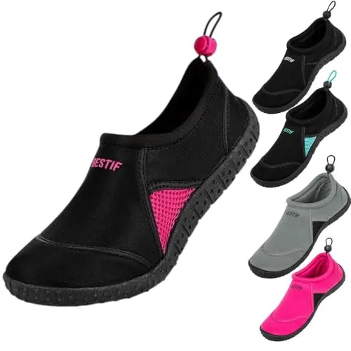 BESTIF Badeschuhe Herren Damen | Schwimmschuhe Neopren Wasserschuhe Kordelzug | Leicht und Bequem | Gr. 36-45 (Schwarz-Rosa, 40)