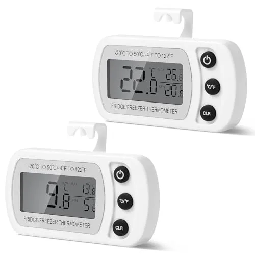 AiQlnu 2 Stück Digitale Kühlschrank Thermometer, Magnetische Gefrierschrank Thermometer, Küchenthermometer mit Haken, Leicht ablesbares LCD-Display, für Zuhause, Restaurants, Bars, Cafés