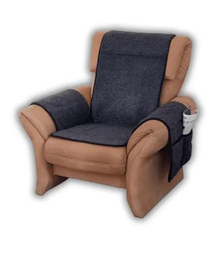 Schurwoll-Sesselschoner mit Armlehnenschoner, Anthrazit - Sitzauflagen aus 100% Schurwolle, mit praktischen Seitentaschen für Brille und Fernbedienung. Hergestellt in Deutschland, schmutzabweisend und temperaturausgleichend.