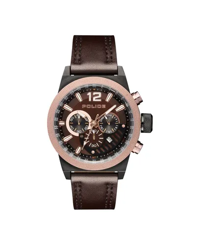 Police Herren Armbanduhr PL15529JSBBN.12 - Sportliche Armbanduhr mit 47 mm Edelstahlgehäuse, braunem Lederarmband und Chronographenfunktion. Wasserdicht bis 5 ATM, ideal für den täglichen Gebrauch.