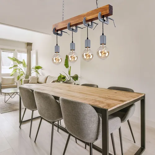 Hängeleuchte Holz Retro 4-flammig - Lampen für stilvolle Akzente! Diese elegante Hängeleuchte im Vintage-Design mit 4 E27 Fassungen ermöglicht individuelle Lichtgestaltung und ist ideal für Esstische oder Küchen.