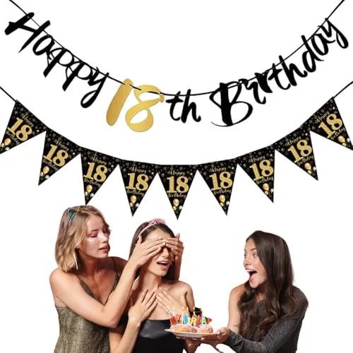 Deko 18. Geburtstag Junge Mädchen,18 Geburtstag Deko,Happy Birthday Girlande Banner Wimpelkette,Geburtstagsdeko Schwarz Gold,Geburtstagsbanner Wimpel Aufhängen für Party Hintergrund Dekoration
