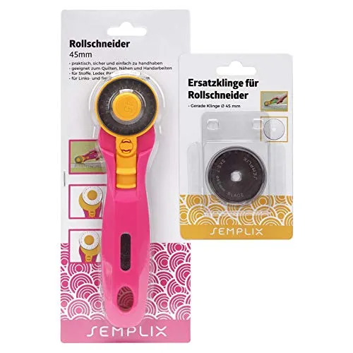 SEMPLIX Rollschneider + Ersatzklinge im Set Ø 45 mm – Stoffschneider mit integriertem Klingenschutz (pink)