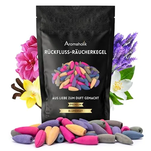 Premium Rückfluss Räucherkegel Wasserfall, Natürlich aromatische Räucherkegel mit Blumen Duft Set, 50 Stück, Frische Räucherkerzen für Stressabbau und Meditation, Backflow Incense, Aromaholik