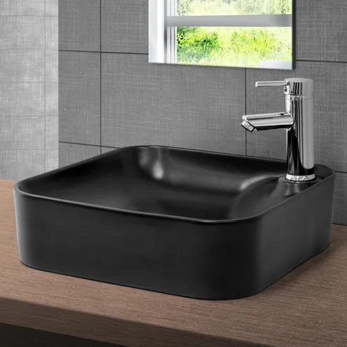 ML-Design Keramik Waschbecken Schwarz 43x43 cm - Badezimmer Tischwaschbecken, modernes Design mit abgerundeten Ecken und pflegeleichter Oberfläche für einen eleganten Look und einfache Reinigung.