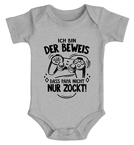 MoonWorks® Baby Body mit Spruch lustig Ich bin der Beweis dass Papa nicht nur zockt Spiele Konsole Bio-Baumwolle grau 0-3 Monate