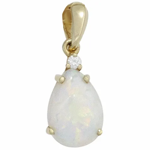Eleganter Anhänger mit Opal Tropfen & Diamant Brillant 585 Gold - Exklusiver Anhänger aus 585er Gelbgold mit einem farbenfrohen Opal und funkelndem Diamanten. Ideal für besondere Anlässe und stilvolle Outfits.