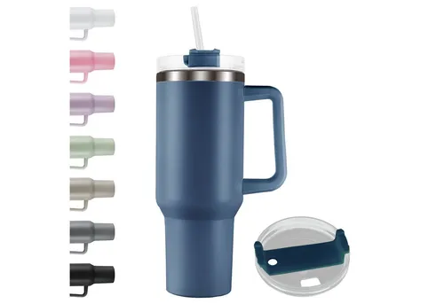 Roomando Thermobecher Becher mit Henkel Strohhalm Edelstahl Autobecher Kaffeebecher blau