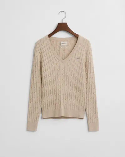 Gant Pullover in Beige - M - Pullover aus hochwertiger Baumwolle mit V-Ausschnitt und Zopfstrickmuster, ideal für einen lässigen Look und angenehmen Tragekomfort.