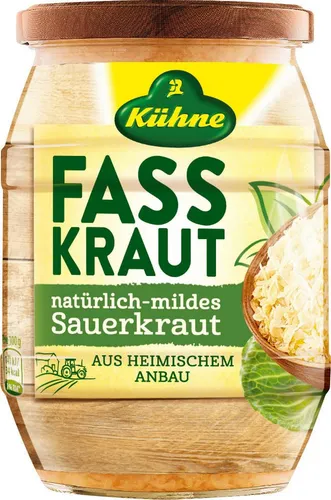 Kühne Fasskraut - Natürlich-mildes Sauerkraut 425ml - Eingelegtes Sauerkraut, vollmundig im Geschmack und vielseitig verwendbar. Ideal als Beilage oder in Quiches, aus heimischem Anbau, ohne Konservierungsstoffe und glutenfrei.